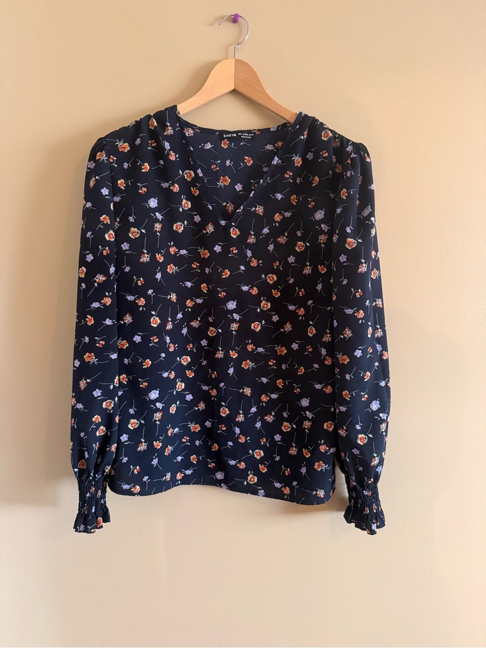SHEIN Navy Floral V-Neck Long Sleeve Blouse